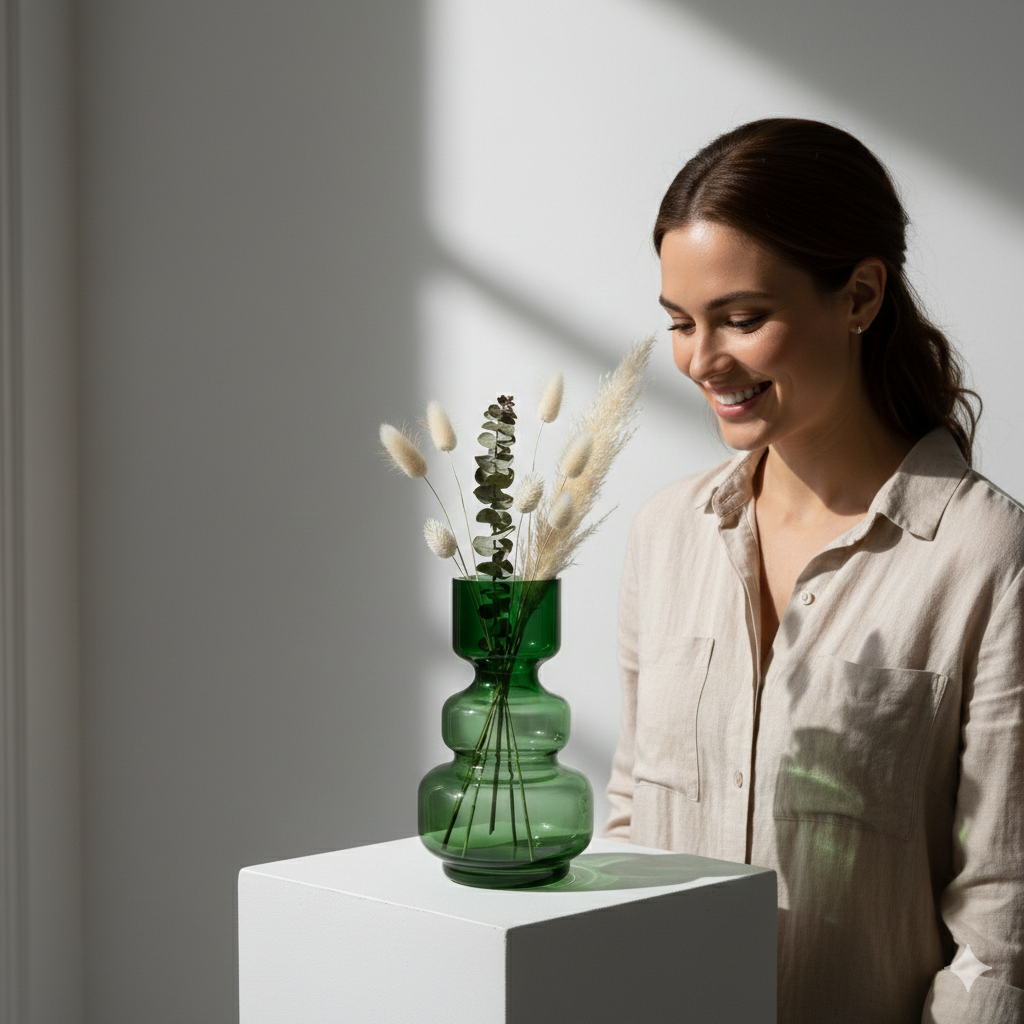 FLORERO  DE VIDRIO CURVAS GREEN VERDE MUSGO